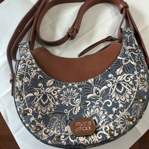Elegant Brown and Grey Crossbody Bag with Paisley Design